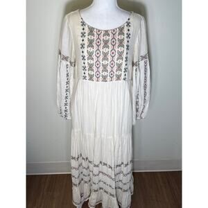 Anthropologie Off White Long Sleeve Embroidered Cotton Maxi Dress Sz 6
